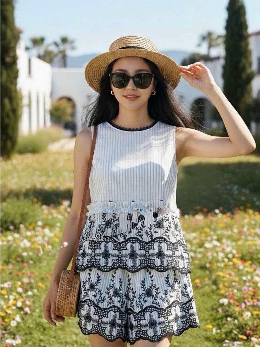 Women’s White & Black Floral Tiered Tank Romper